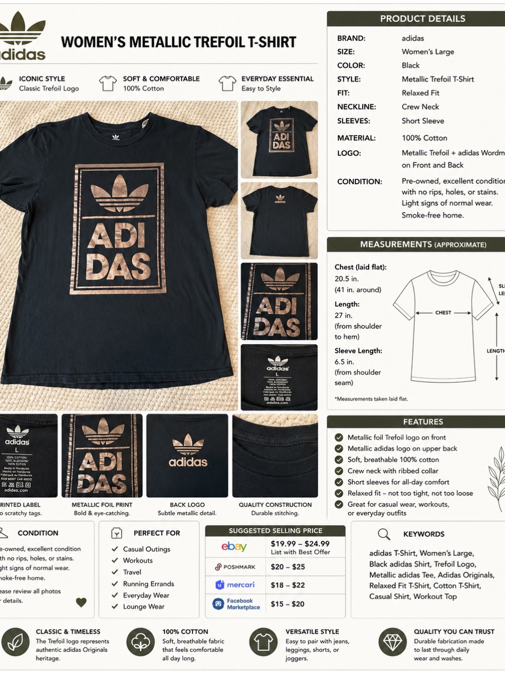 adidas Black T-Shirt with Metallic Rose Gold Trefoil